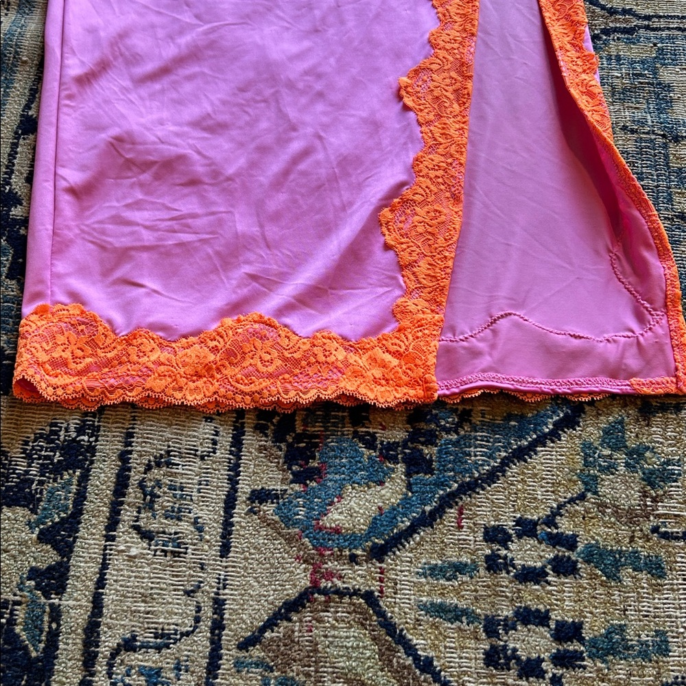 SKIMS Pink Maxi Slip Skirt with Orange Lace Side Panel - Picture 2 of 8